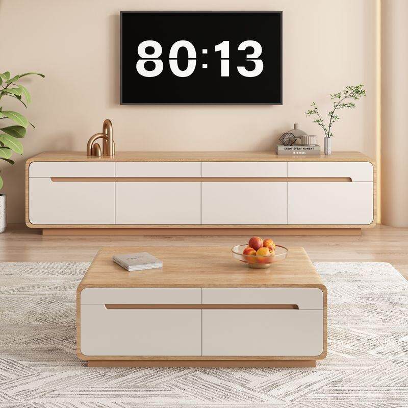 轻奢简约现代柳桉木北欧双层落地电视柜E0级客厅组合储物新款