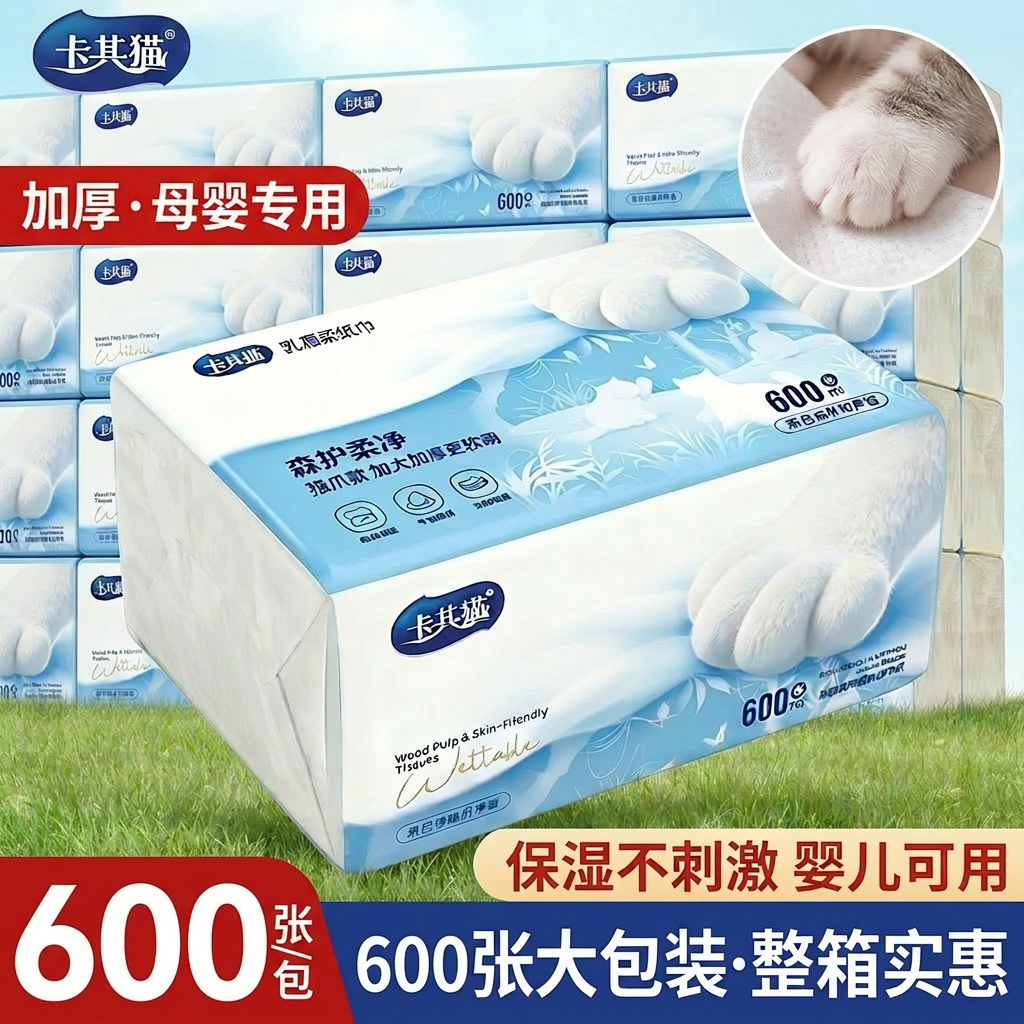 卡其猫乳霜纸600张原生木浆加厚抽纸保湿婴儿专用面巾纸整箱
