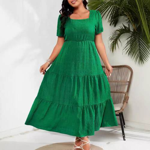 Textured Ruched Puff Sleeve Square Neck A Line Casual Dress