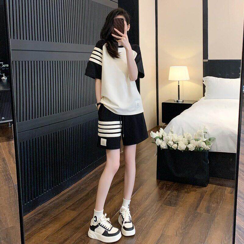 SUPDORX网红穿搭时尚小个子宽松休闲 运动短袖短裤两件式套装女夏