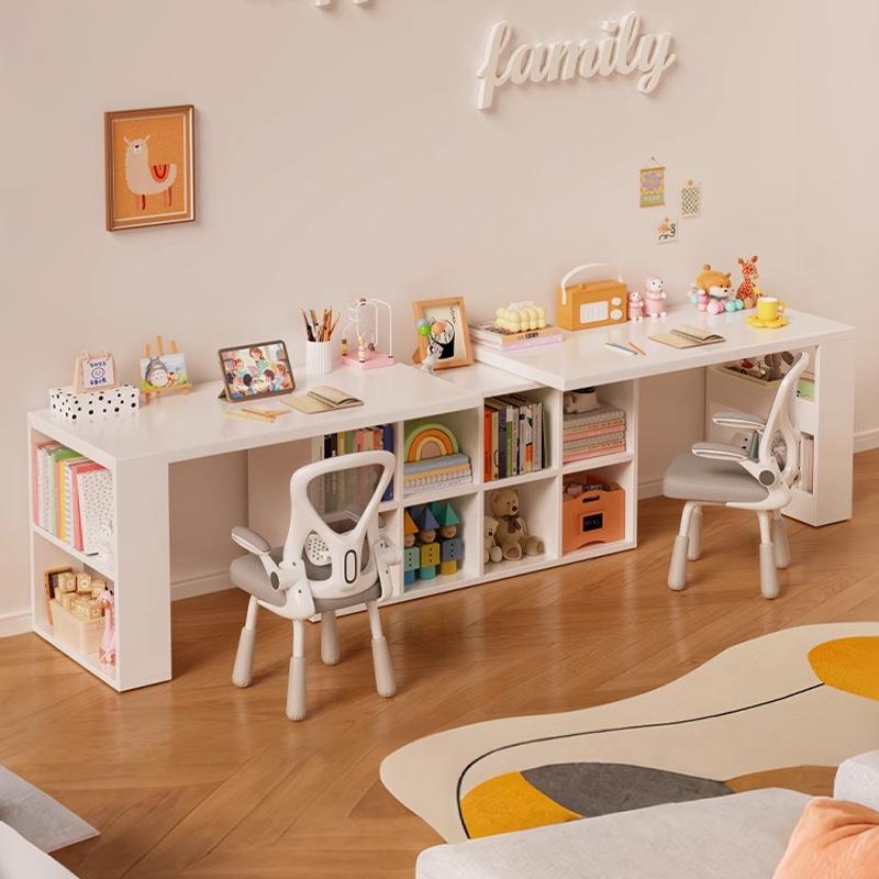 儿童实木书桌书柜一体靠墙家用学生学习桌双人2025新款写字长桌子