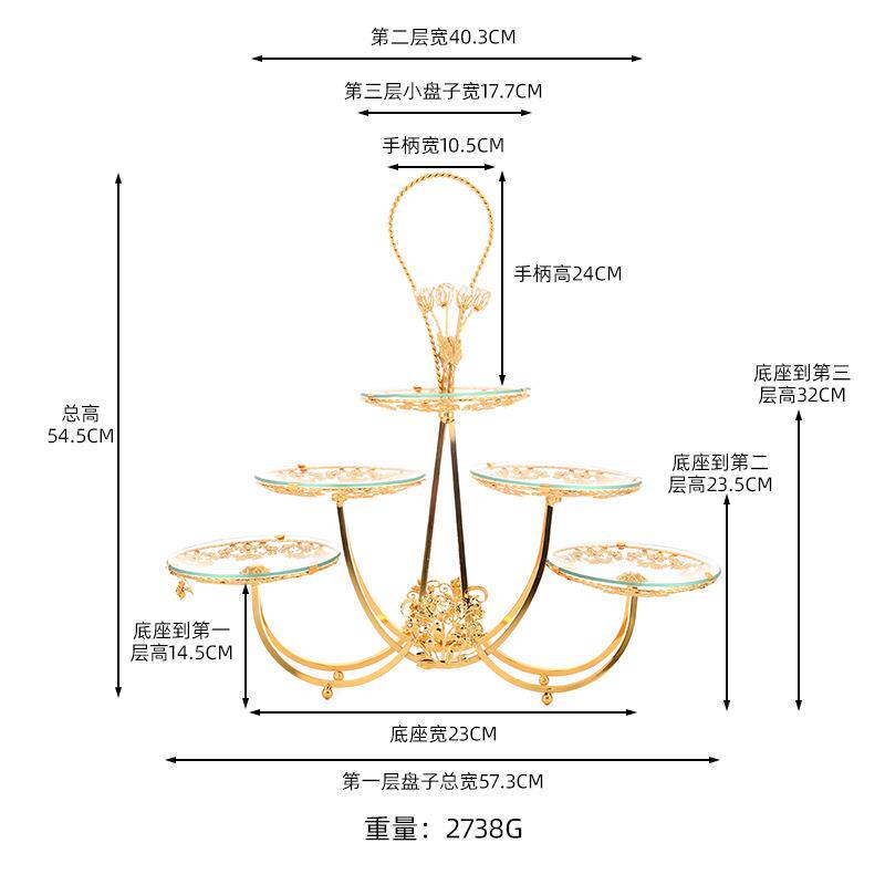 欧式轻奢高档三层五盘水果篮花纹装饰手提玻璃果盘果盘工艺品