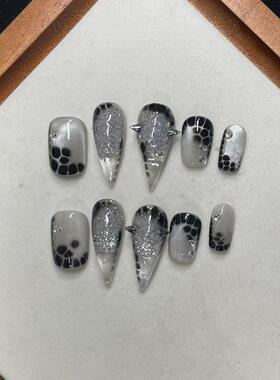 RC纯手工成品穿戴甲美甲甲片短款龙爪甲兽甲猫爪亮片豹纹铁钉原创