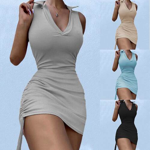 Mini skirt collar, lapel, sleeveless drawstring, knitted