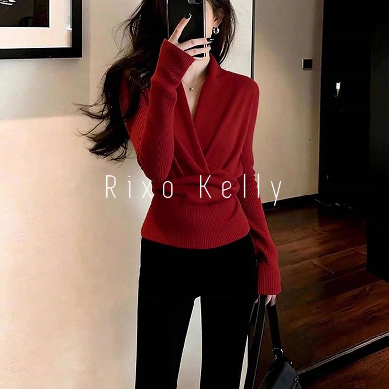 Rixo Kelly法式红色交叉V领针织衫女长袖收腰打底衫新年穿搭上衣
