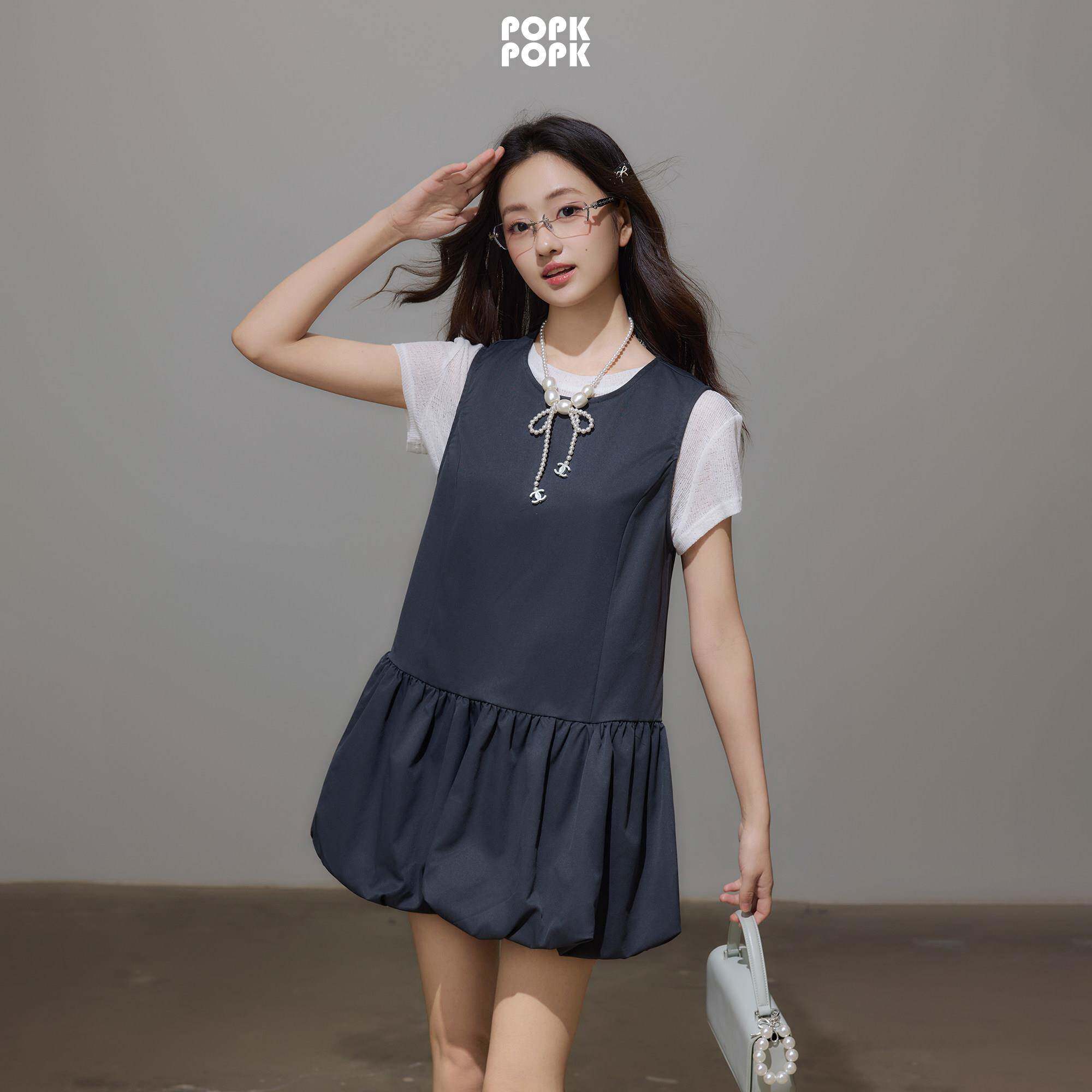 POPK2026春夏新款女装简约日系少女风学院日常短袖花苞洋装套装