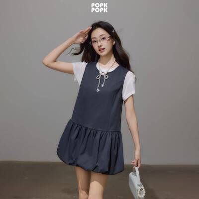 POPK2026春夏新款女装简约日系少女风学院日常短袖花苞洋装套装
