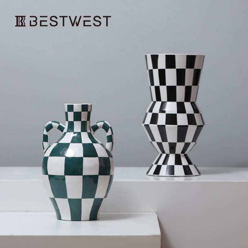 陶瓷花盆黑白家居家居博釉面法式客厅 花格西花瓶双耳器摆件棋盘,家居饰品,花瓶,淘宝优惠券,粉丝福利购,淘宝优惠卷