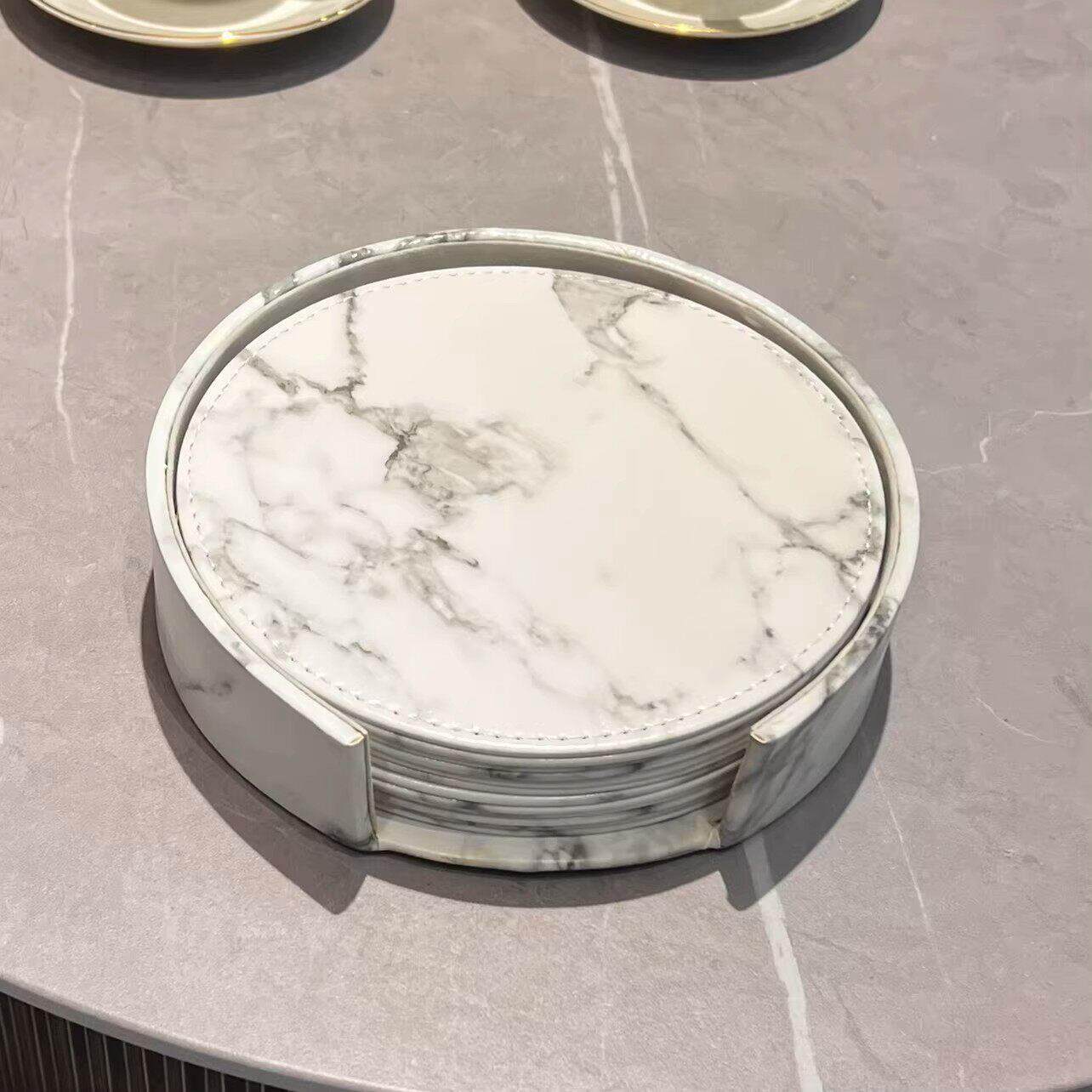 法国隔热垫家用餐桌垫圆形大杯垫加厚皮革防水耐热防烫18cm6片装