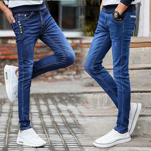 五排扣休闲长裤 纯黑新款 男装 牛仔裤 子韩版 修身 西瓜皮弹力裤 男式