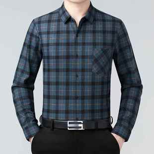 搭A625 男秋中年商务休闲季 XL抗皱百免烫格子 衫 高端衬山羊绒长袖