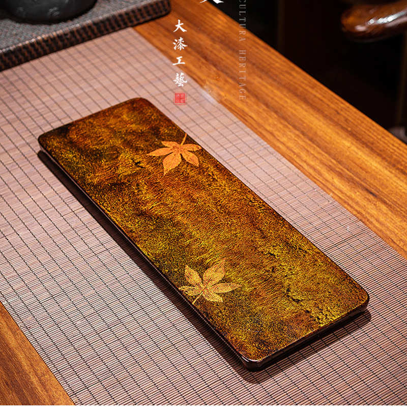 弘一漆器茶具 茶盘大漆手工飘漆枫叶干泡台 中式茶室装饰实木茶台