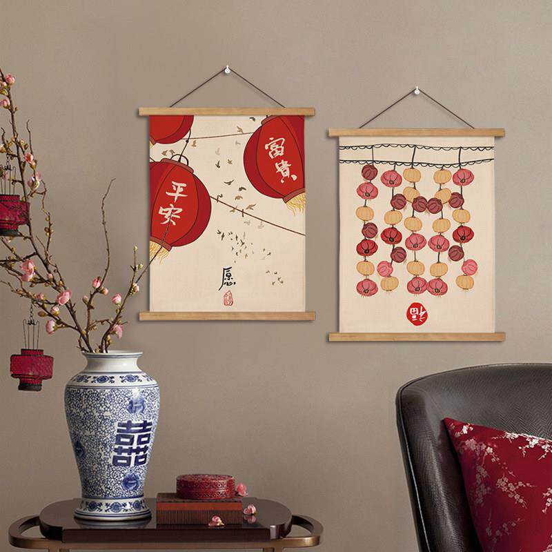 喜庆新中式油画布挂轴画餐厅墙面挂画装饰画电表箱遮挡画民俗壁画