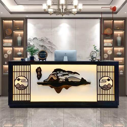 新中式饭店吧台收银台复古实木餐厅养生会所茶馆采耳店前台接待台