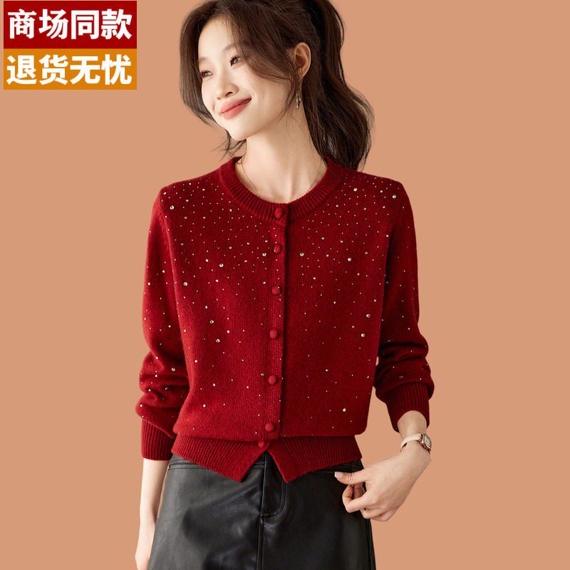 高级感轻奢烫钻圆领针织开衫女春装2026新款外搭短款红色毛衣外套
