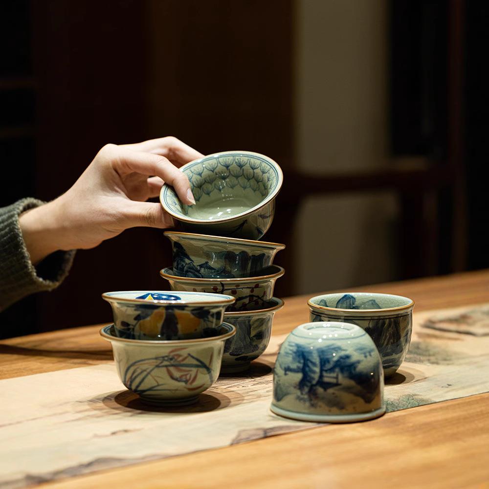 老陶泥压手杯青花瓷釉下彩手绘主人杯单杯复古功夫品茗茶杯