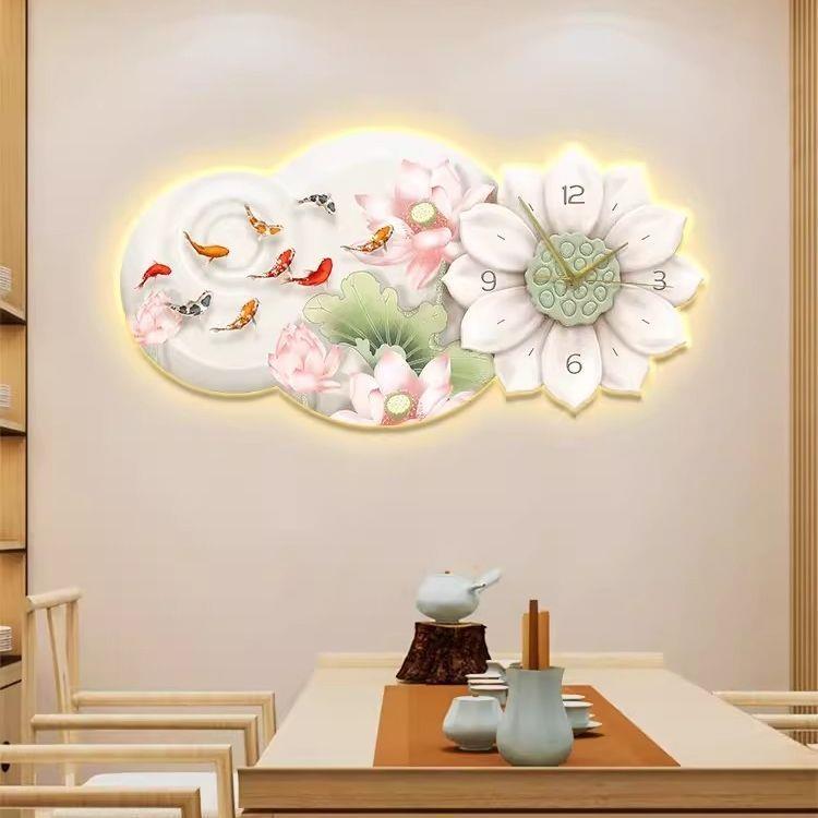 九鱼图钟表客厅装饰画餐厅led壁灯新中式禅意荷花卧室挂墙挂画表图片