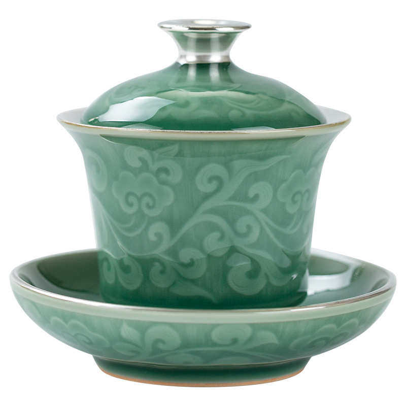 鎏银青瓷浮雕品茗杯盖碗陶瓷功夫茶具主人杯小茶杯文人茶器闻香杯,餐饮具,茶杯,淘宝优惠券,粉丝福利购,淘宝优惠卷