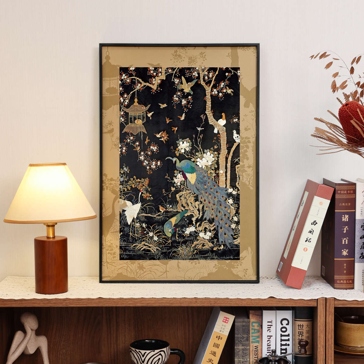 孔雀牡丹现代复古客厅挂画中古风玄关花鸟装饰画法式艺术壁画图片