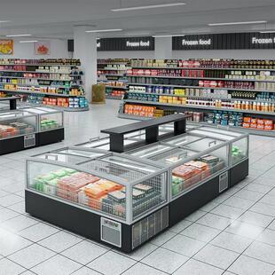 850L商超组合岛柜厂家 冰柜 超市设备滑动玻璃盖超大直线岛式