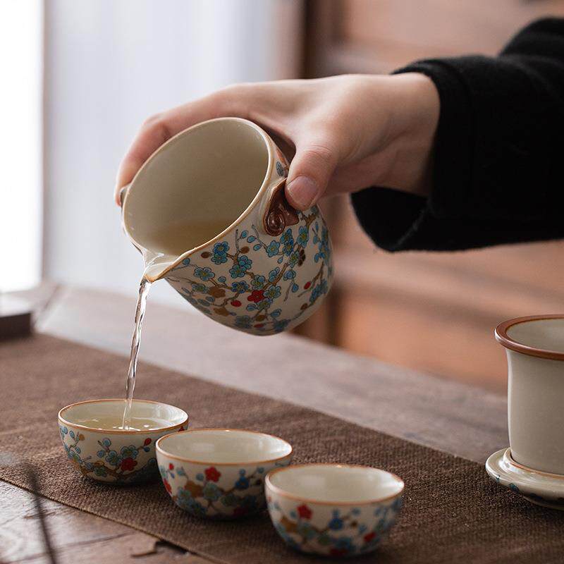 几欢高档汝窑金梅快客杯陶瓷旅行茶具一壶三杯户外便携式茶杯套装