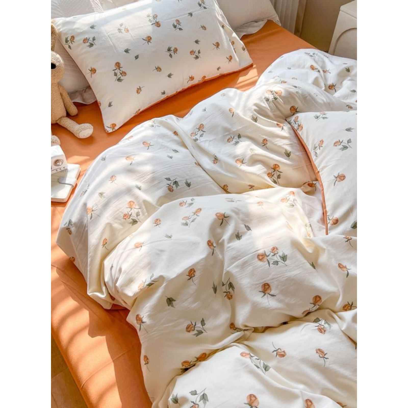 B9水洗棉麻小碎K花床四件套K床单被套床F77MHSJ6笠学生宿舍三件上