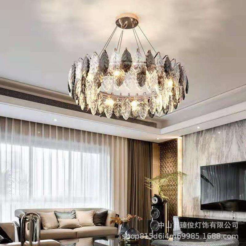 轻奢风灯具水晶吊灯圆形树叶餐厅灯后现代简约客厅灯新款卧室灯
