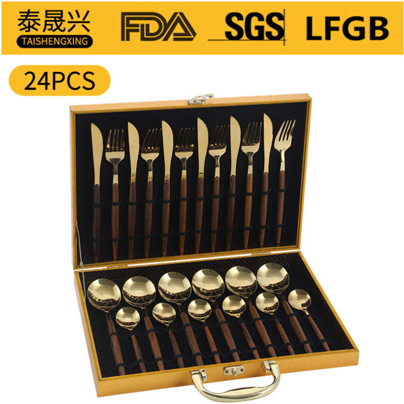 爆款不锈钢餐具24件套装葡萄牙木纹柄四主件西餐刀叉勺套装