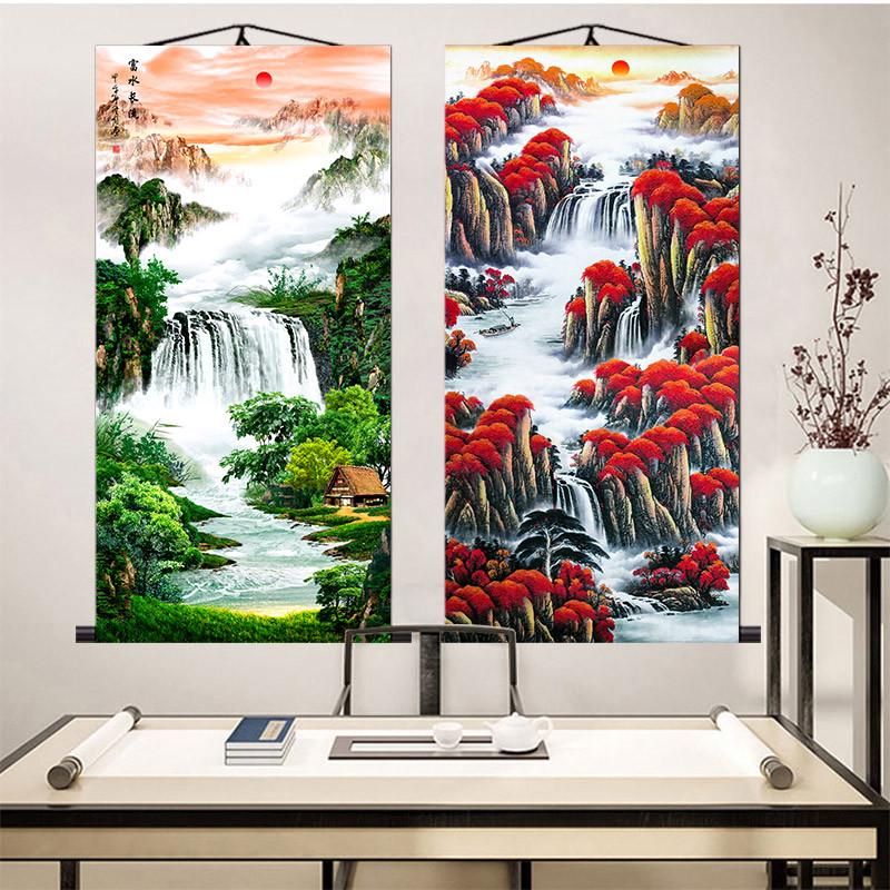 山水画挂画靠山招财鸿运当头办公室书房画旭日东升丝绸卷轴画字画