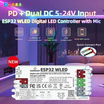 DOMRAEMPD供电ESP32WLED数字LED控制器带麦克风16A保险丝WS281X