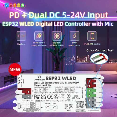 DOMRAEM PD供电ESP32 WLED数字LED控制器带麦克风16A保险丝WS281X
