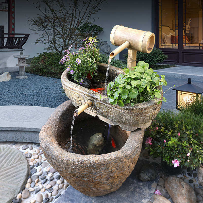 水磨坊创意中式石槽竹子流水摆件庭院鱼缸阳台养鱼池户外花园装饰