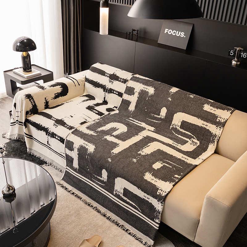 四季通用抽象画沙发巾全盖巾一片式高级感北欧风沙发套罩防滑盖毯