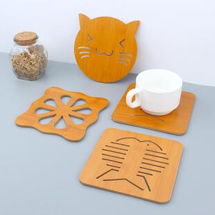 Bamboo and wood carved wooden coasters, heat-resistant carto