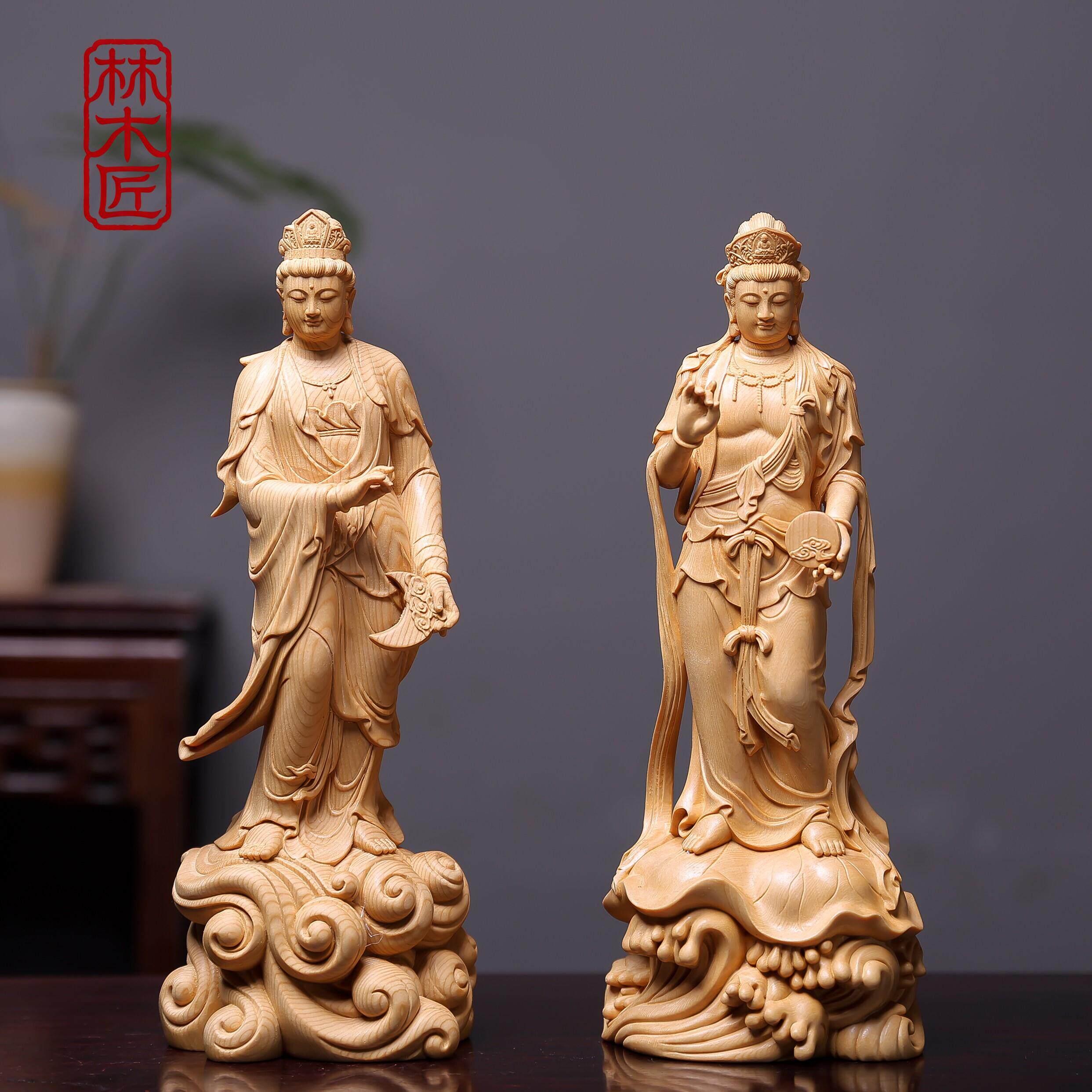 桧木手雕日光月光观音菩萨佛像家用寺庙佛龛供奉木雕摆件工艺品