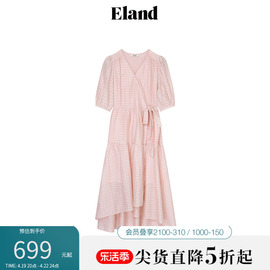 Eland衣恋不规则短袖连衣裙女交叉V领肌理感蛋糕裙子2024夏季