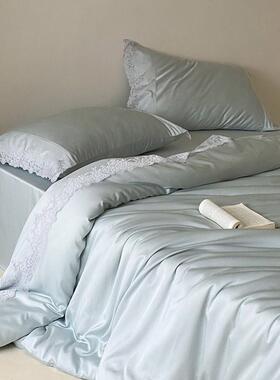 法式高贵100S天丝棉四件套柔软四季通用蓝色高端蕾丝被套床上用品