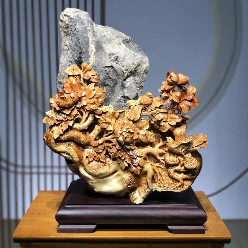 太行崖柏根雕花鸟摆件雕刻蝴蝶兰君子兰牡丹花迎客松木雕摆件