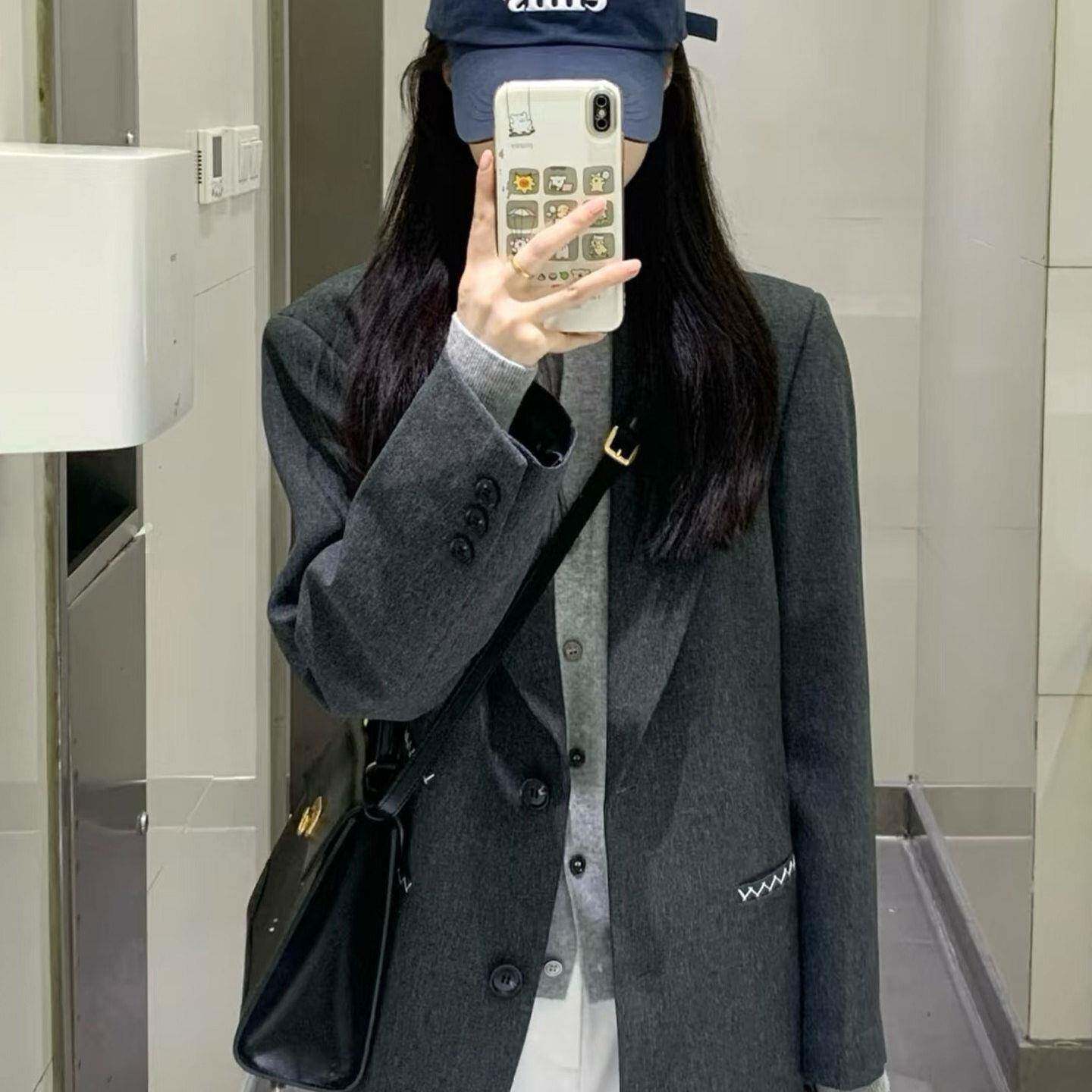 韩系灰色小西装外套女高级感气质通勤百搭显瘦小个子短款西服上衣