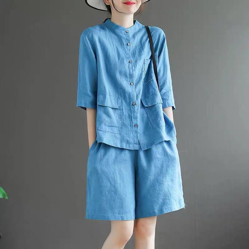 文艺覆古亚麻短裤套装女2025夏季新款短袖衬衫上衣大码棉麻两件套