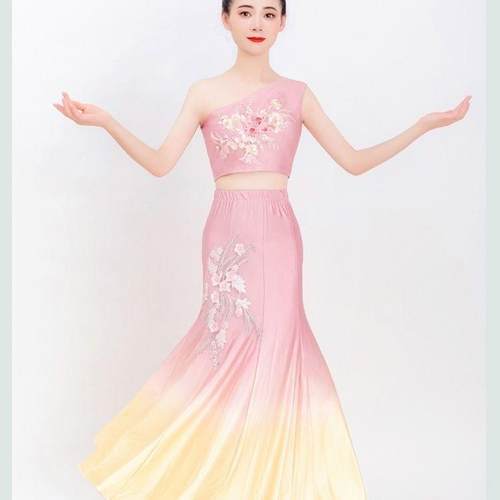 高档款傣新舞蹈服装儿童族成人孔雀舞鱼尾练功半艺身裙 考舞蹈服