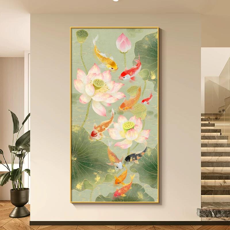 荷花鲤鱼图玄关装饰画新中式九鱼聚财入户门正对墙挂画竖版招财画