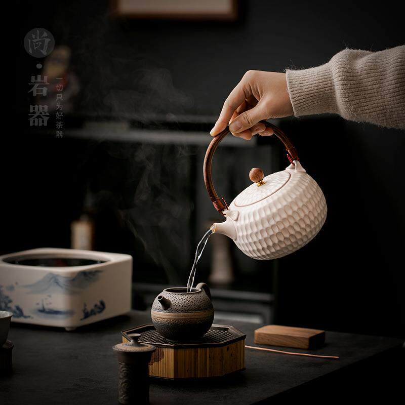 复古白色陶壶陶瓷侧把壶家用煮茶泡茶器养生壶电陶炉全套围炉煮茶
