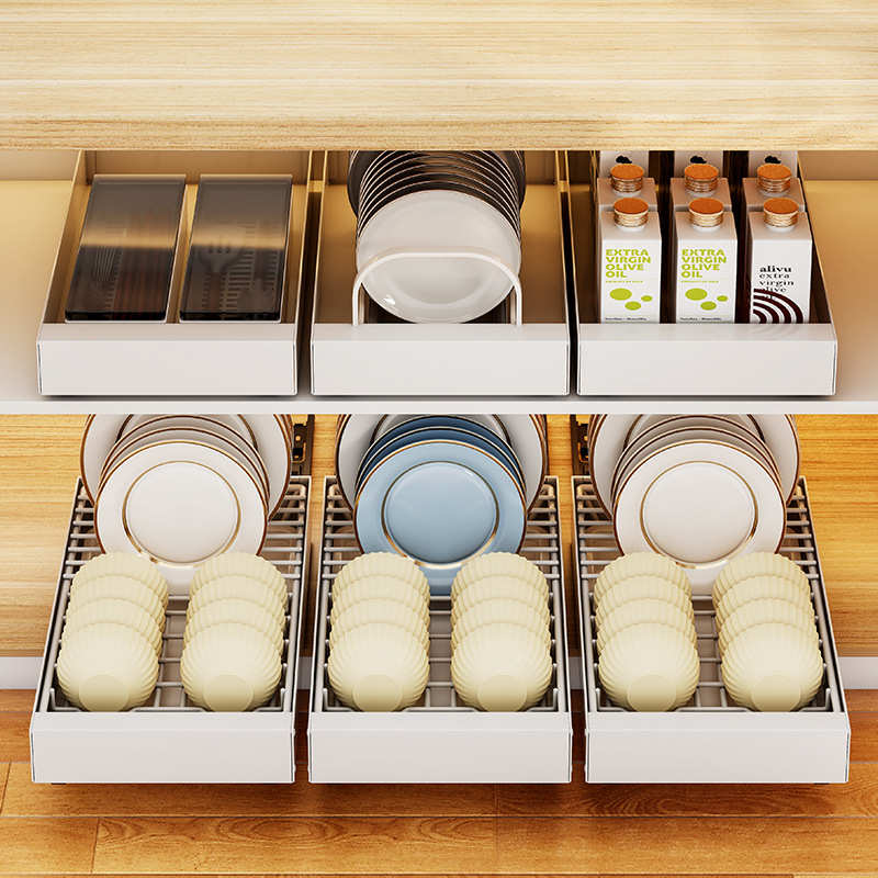 厨房橱柜沥水碗碟架分层静音轨道抽拉置物架碳钢多功能收纳架定制
