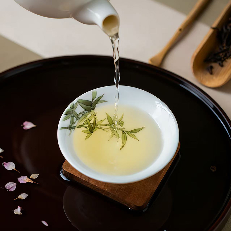 竹报平安斗笠茶杯袁述凡大师内外手绘陶瓷茶杯茶碗主人杯功夫茶具