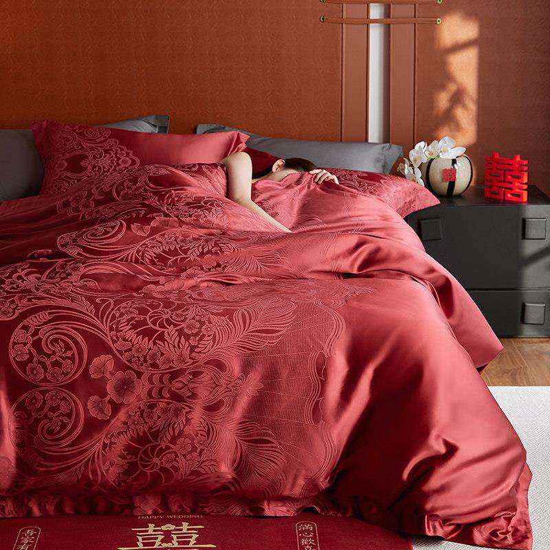 欧式轻奢臻丝锻提花新婚四件套高端红色婚嫁结婚床上被套新婚礼物