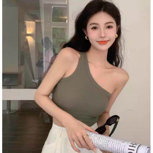 不规则带胸垫斜肩吊带背心女外穿百搭夏季露脐短款上衣单肩打底衫