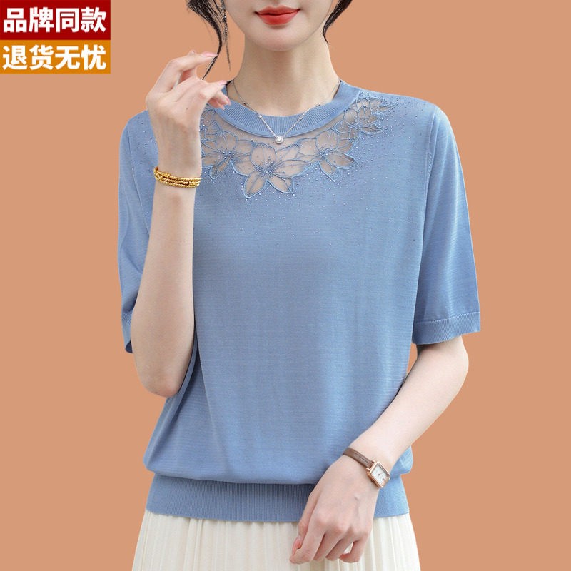 冰丝针织短袖t恤女2026新款洋派质妈妈夏装高级感蕾丝烫钻薄上衣