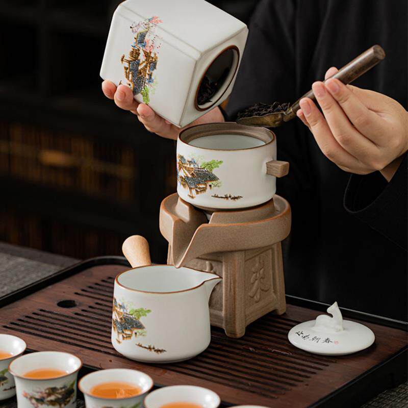 月白汝窑自动茶具套装家用轻奢陶瓷石磨茶壶懒人防烫功夫泡茶神器