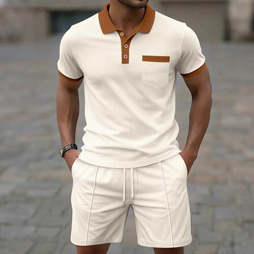 Men's collar color blocked chest pocket button short